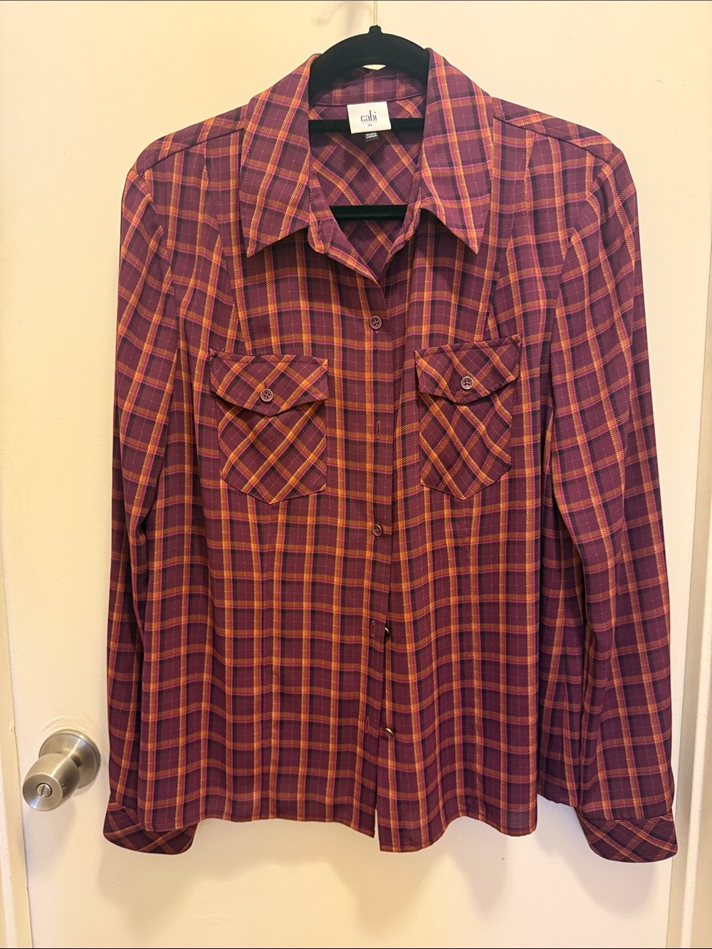 CAbi Men's Plaid Button-Down Shirt in Burgundy and Mustard